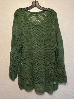 Olive Green Open-Knit Swim Coverup Sweater